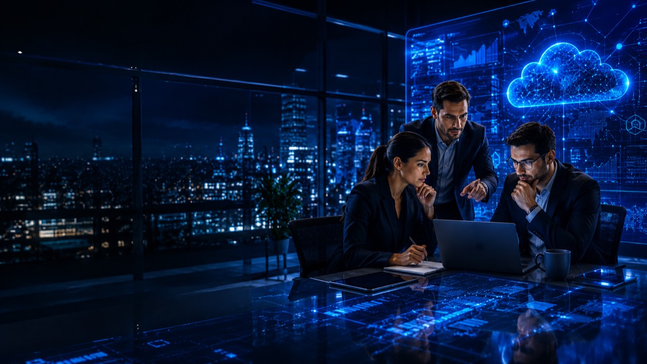 Equipo ejecutivo revisando tecnologia empresarial
